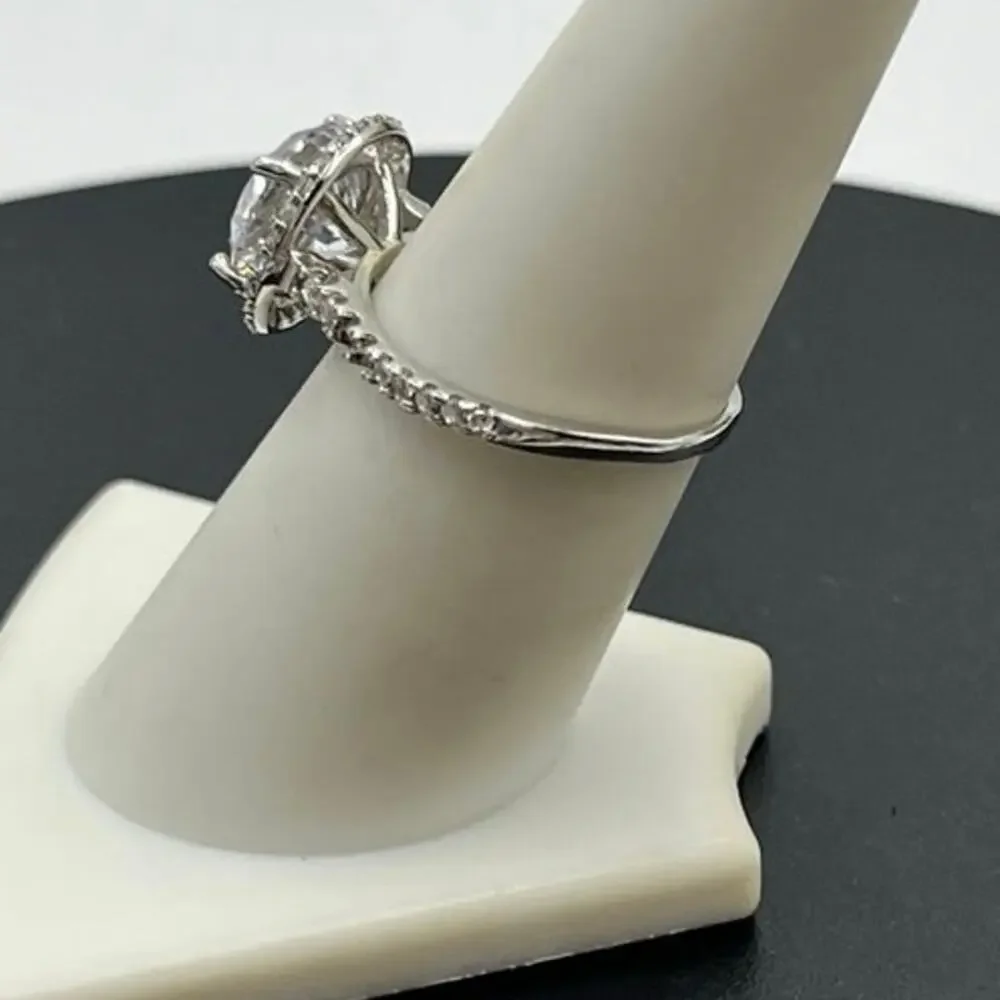 IBB 925‎ Silver Sparkling Cubic Zirconia Halo Solitaire Accent Ring Sz 7.5